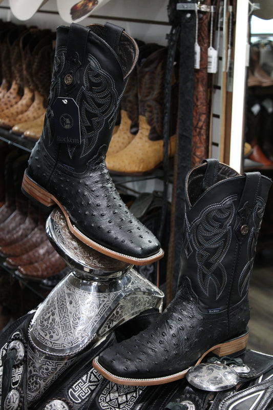 Ostrich Ranch Square Toe Cowboy Boot - Black