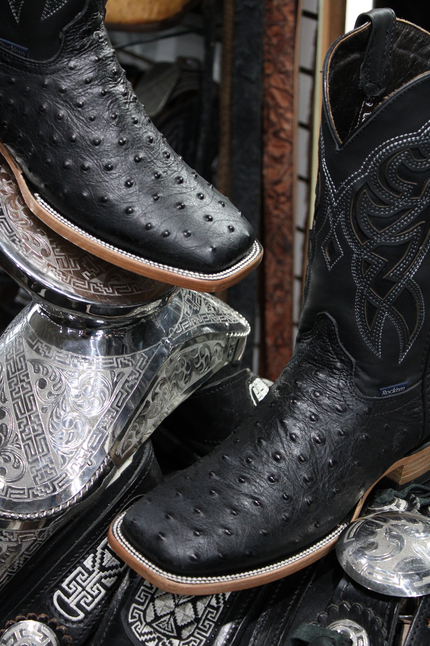 Ostrich Ranch Square Toe Cowboy Boot - Black