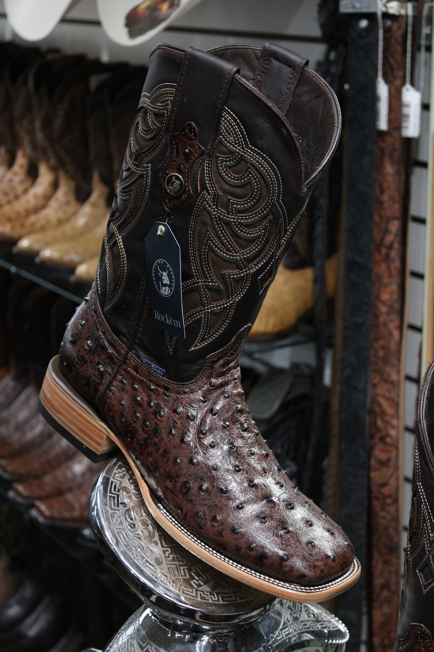 Ostrich Ranch Square Toe Cowboy Boot - Brown