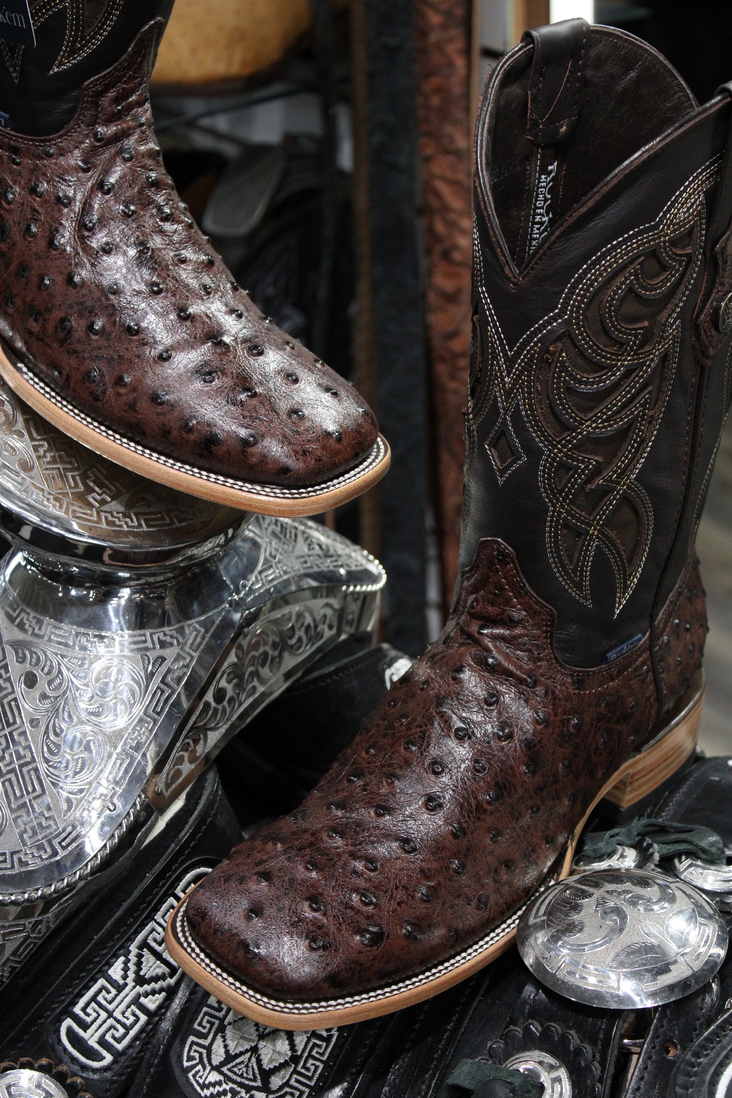 Ostrich Ranch Square Toe Cowboy Boot - Brown