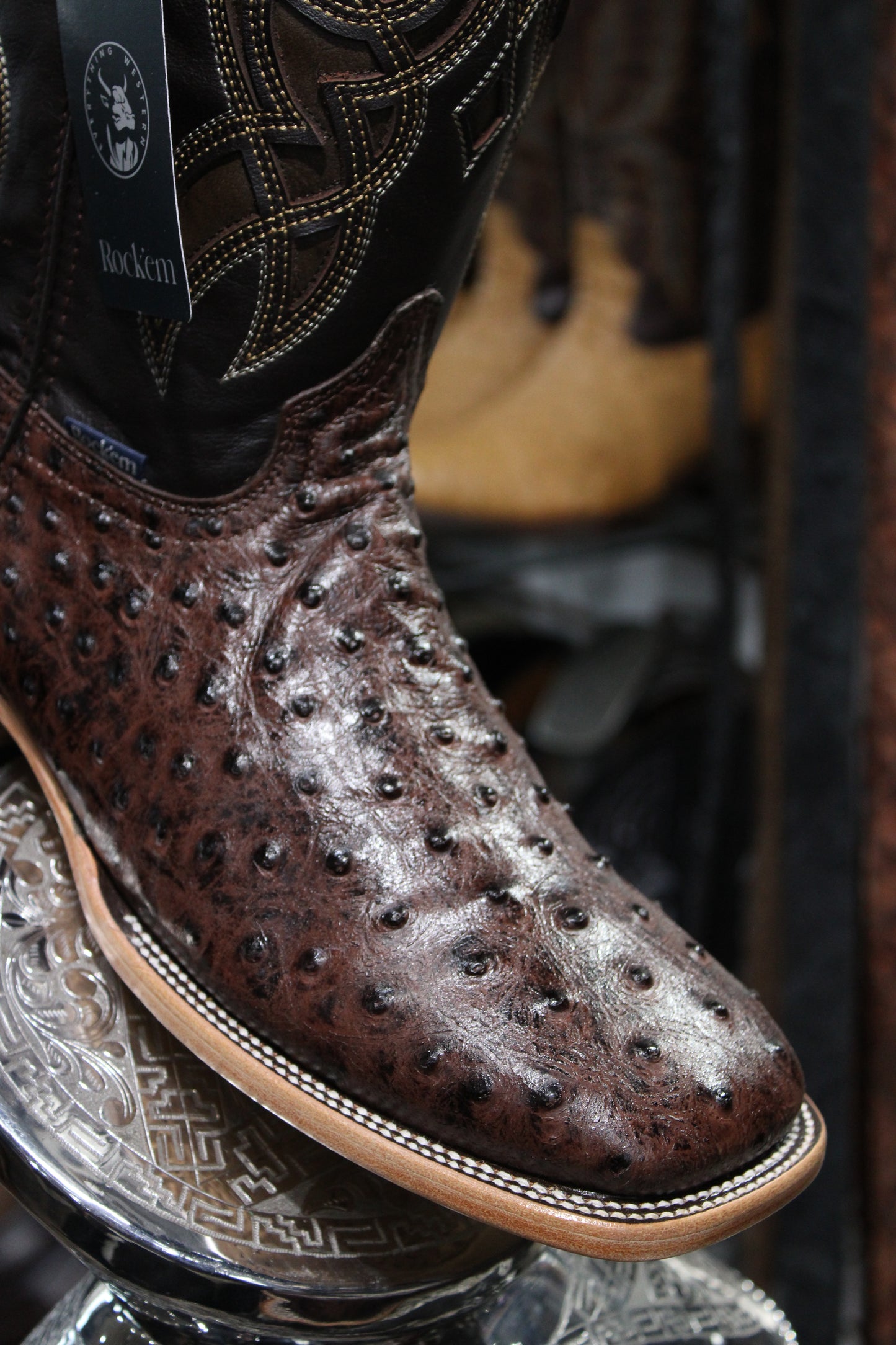 Ostrich Ranch Square Toe Cowboy Boot - Brown