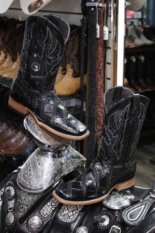 Alligator Belly Square Toe Cowboy Boot - Negro