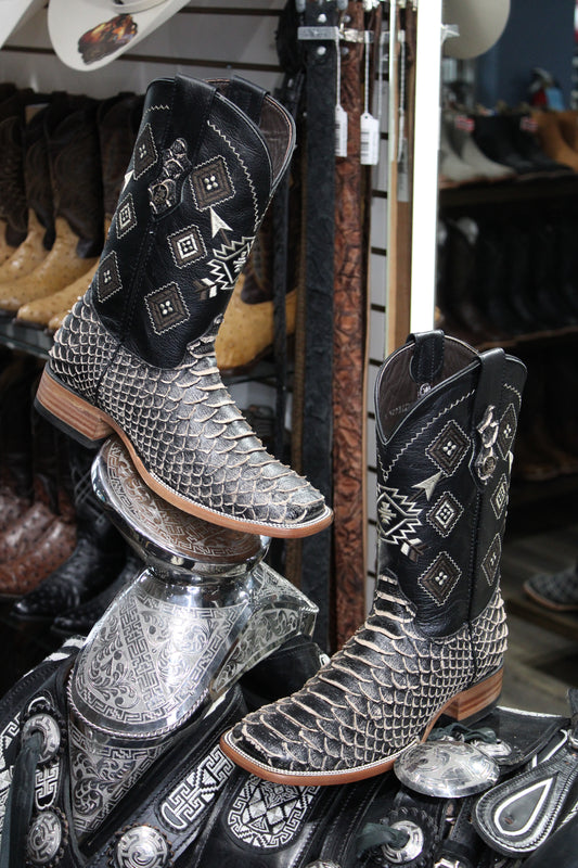 Clone Python Square Toe Cowboy Boot - Negro Paja