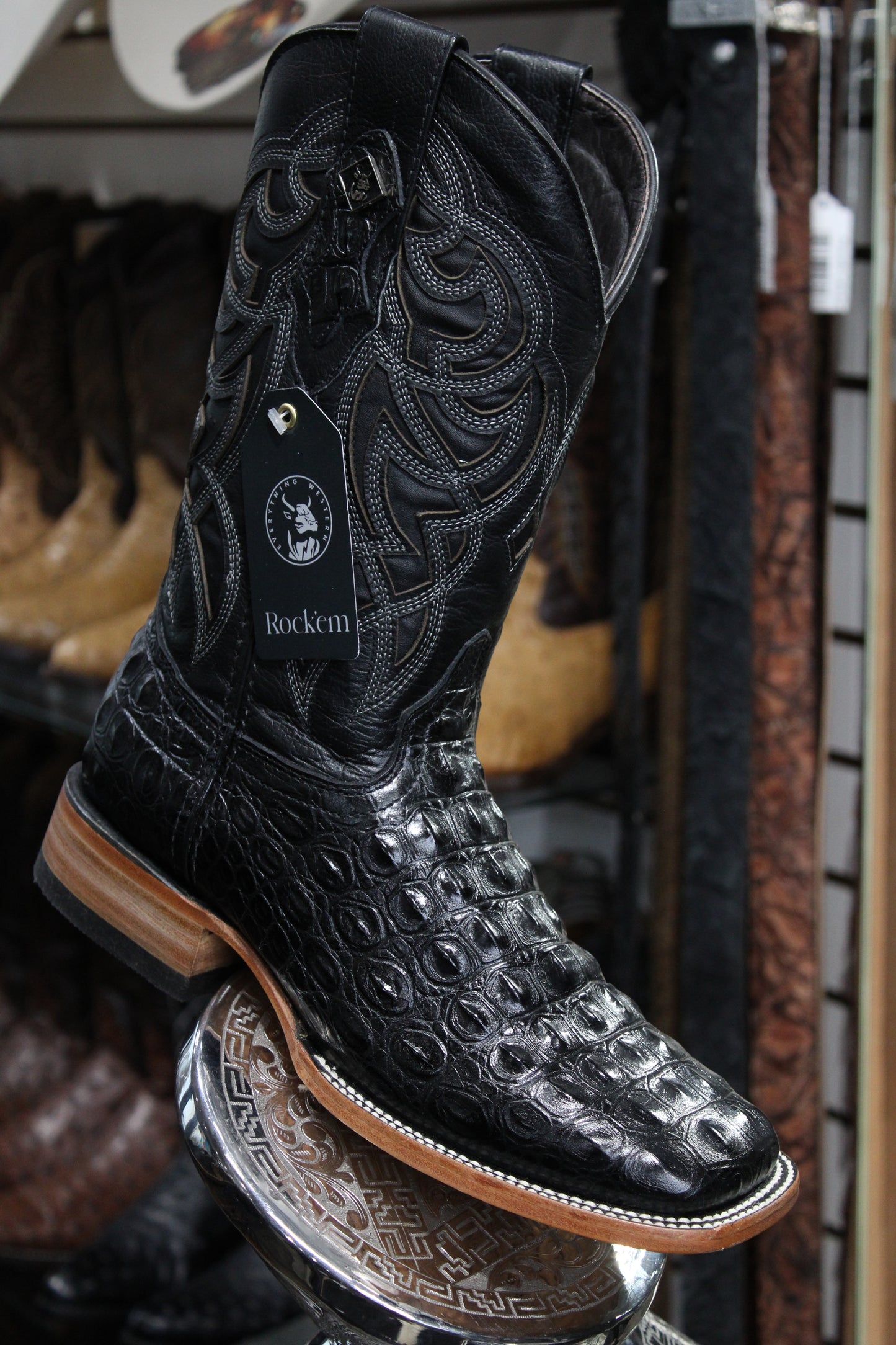 Caiman Hornback Square Toe Cowboy Boot - Black