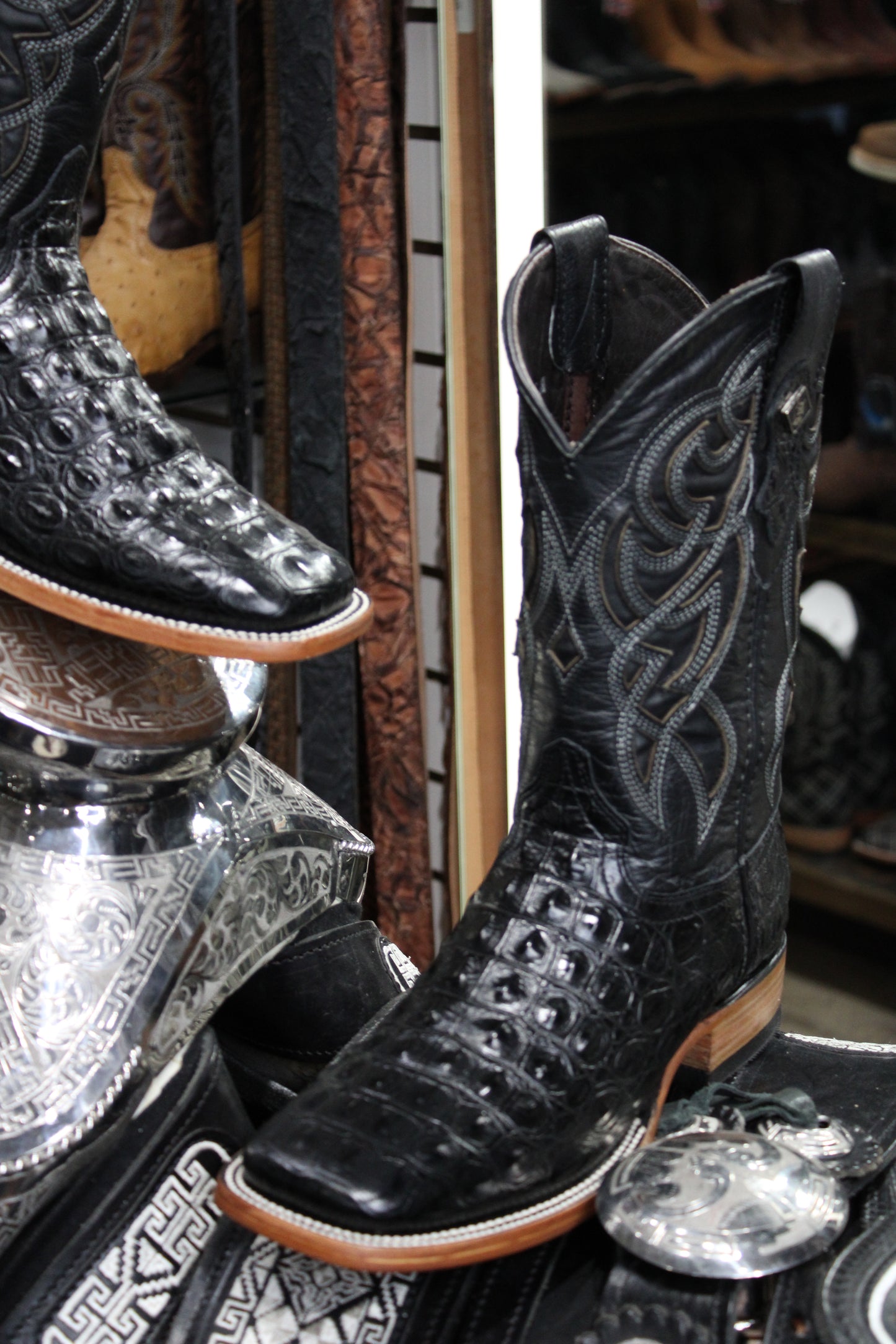 Caiman Hornback Square Toe Cowboy Boot - Black