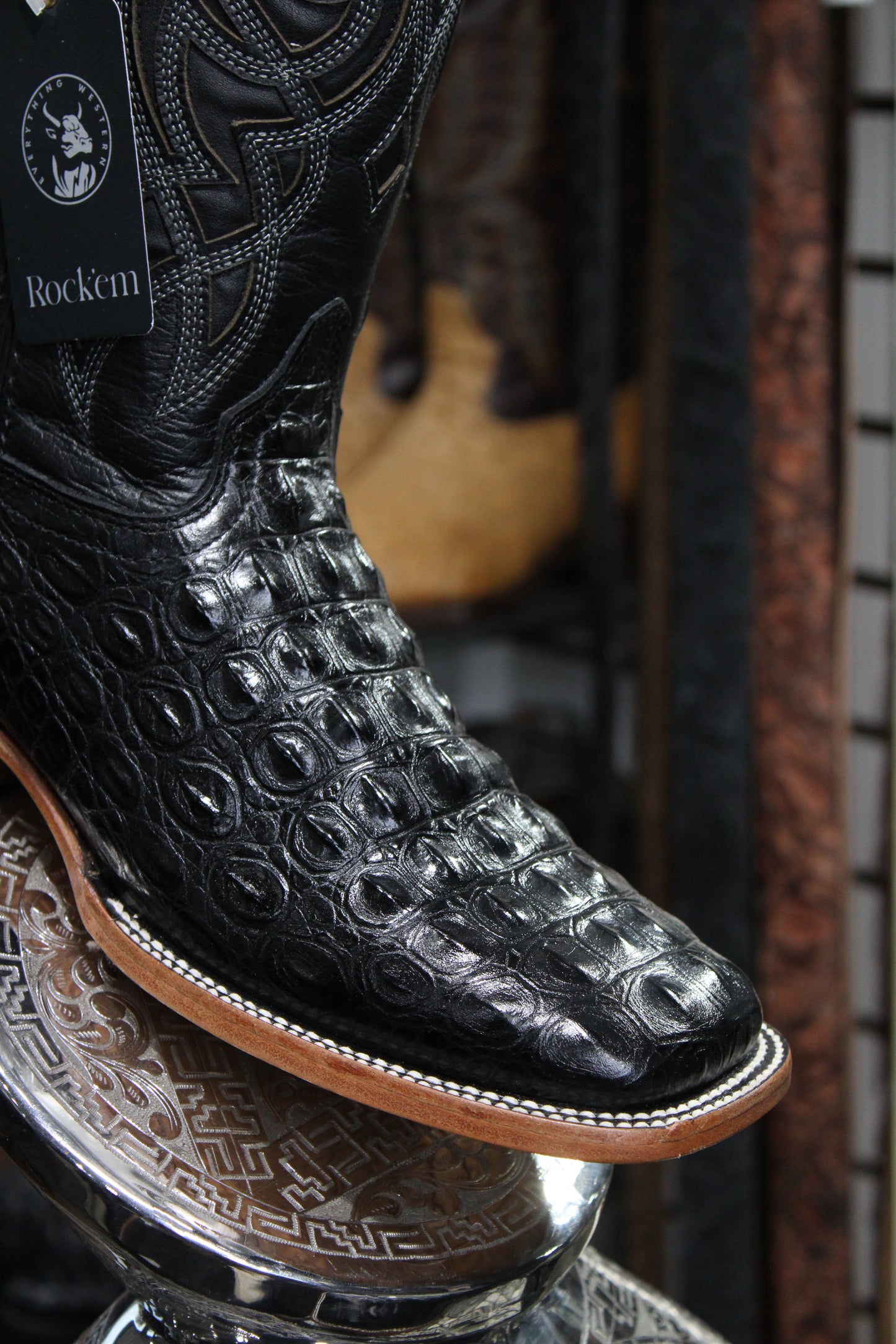 Caiman Hornback Square Toe Cowboy Boot - Black