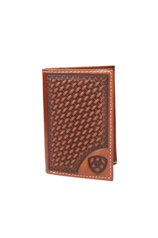Ariat Mens Trifold Wallet Basketweave Shield Tan