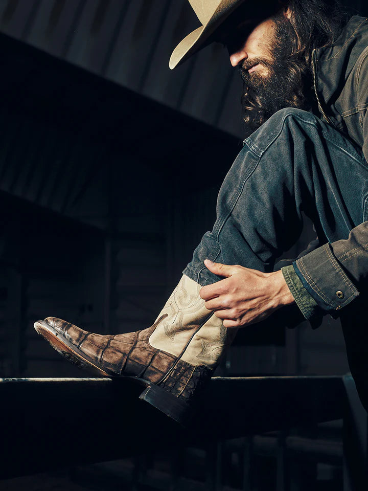 B5003 - MEN'S CAPPUCCINO-SAND EMBROIDERY ALLIGATOR WIDE SQUARE-TOE COWBOY BOOT