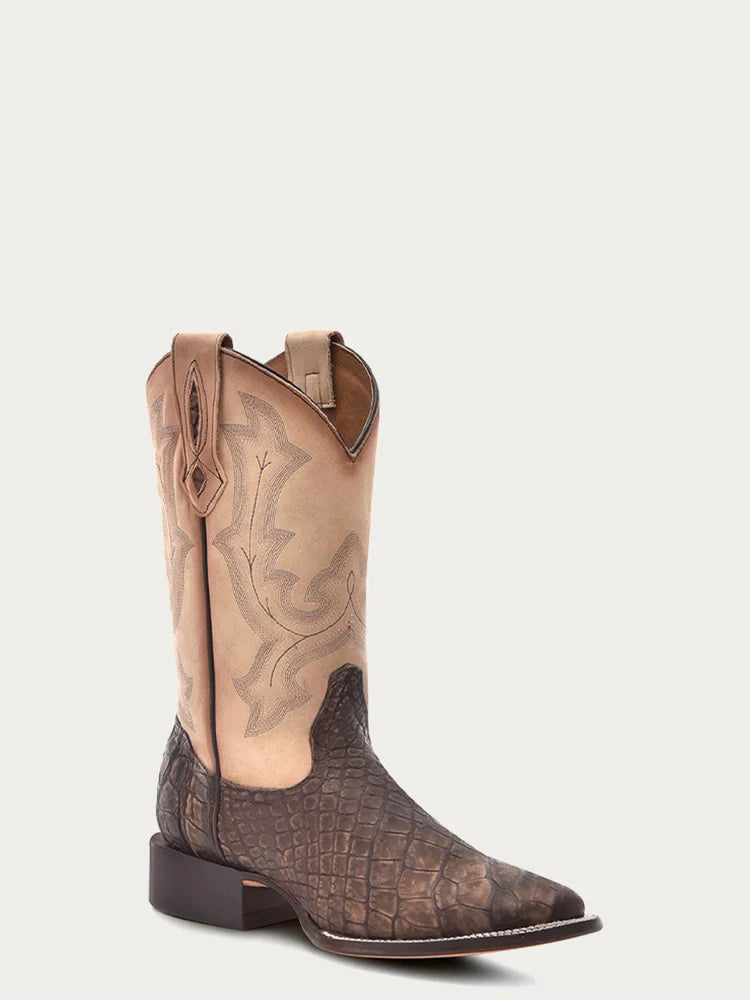 B5003 - MEN'S CAPPUCCINO-SAND EMBROIDERY ALLIGATOR WIDE SQUARE-TOE COWBOY BOOT