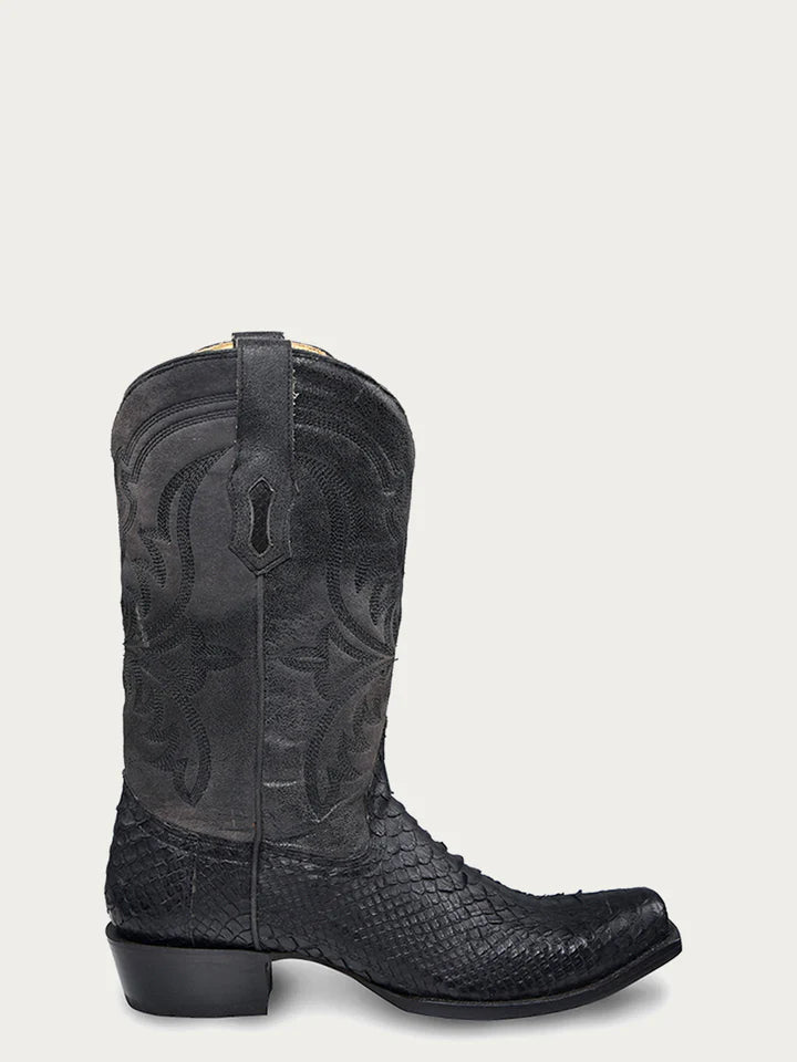A4551 - MEN'S EMBROIDERY AND GENUINE PYTHON BLACK NARROW SQUARE TOE COWBOY BOOT