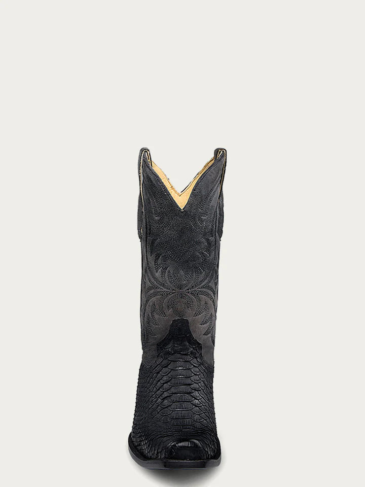 A4551 - MEN'S EMBROIDERY AND GENUINE PYTHON BLACK NARROW SQUARE TOE COWBOY BOOT