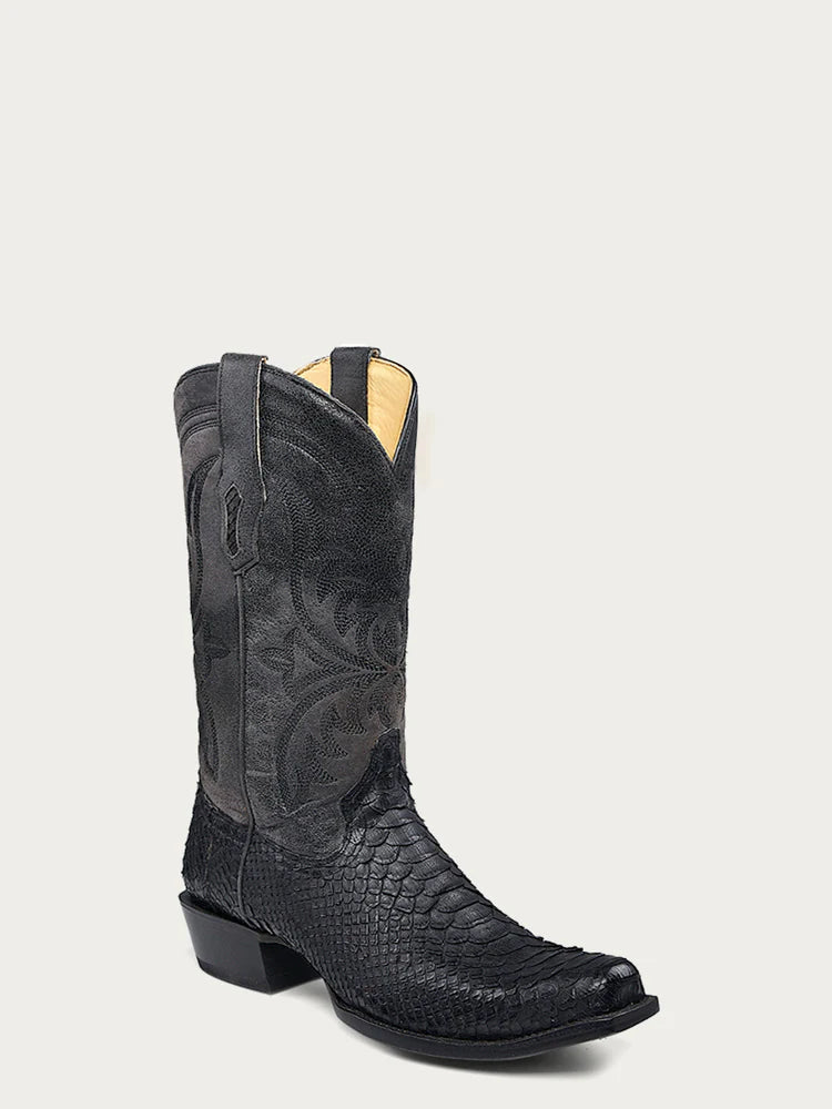 A4551 - MEN'S EMBROIDERY AND GENUINE PYTHON BLACK NARROW SQUARE TOE COWBOY BOOT