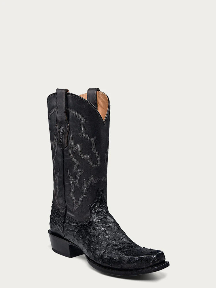 A4549 - MEN'S EMBROIDERY AND OSTRICH BLACK NARROW SQUARE TOE COWBOY BOOT