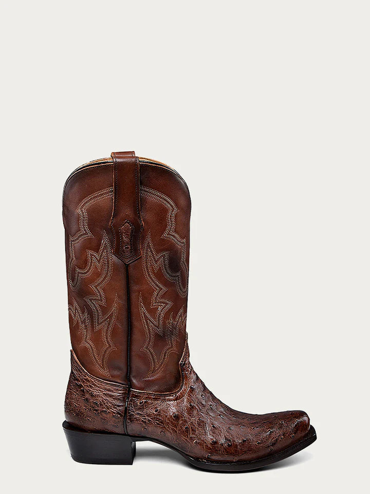 A4548 - MEN'S EMBROIDERY AND OSTRICH BROWN NARROW SQUARE TOE COWBOY BOOT