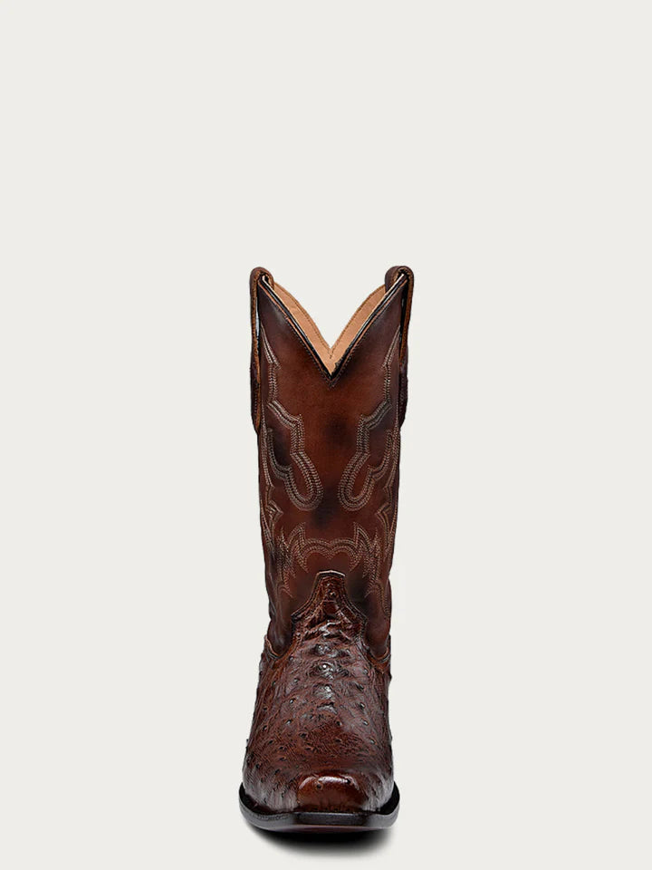 A4548 - MEN'S EMBROIDERY AND OSTRICH BROWN NARROW SQUARE TOE COWBOY BOOT