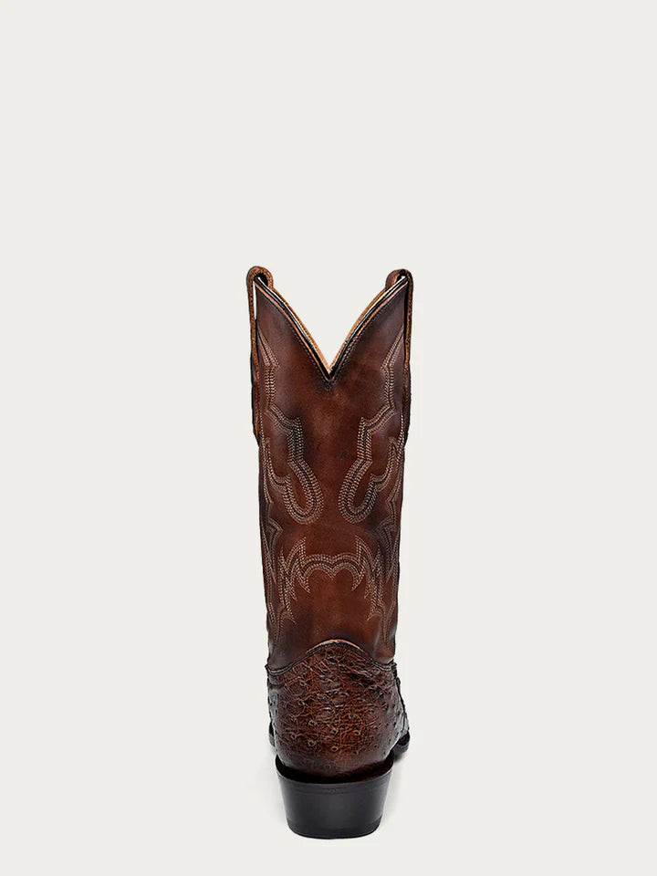 A4548 - MEN'S EMBROIDERY AND OSTRICH BROWN NARROW SQUARE TOE COWBOY BOOT