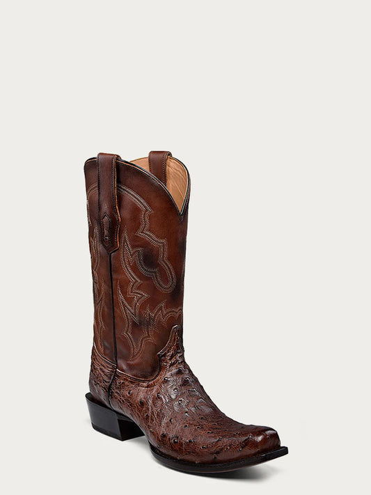 A4548 - MEN'S EMBROIDERY AND OSTRICH BROWN NARROW SQUARE TOE COWBOY BOOT