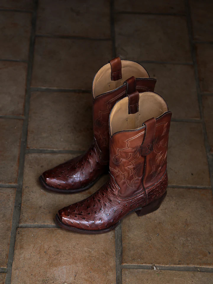 A4548 - MEN'S EMBROIDERY AND OSTRICH BROWN NARROW SQUARE TOE COWBOY BOOT