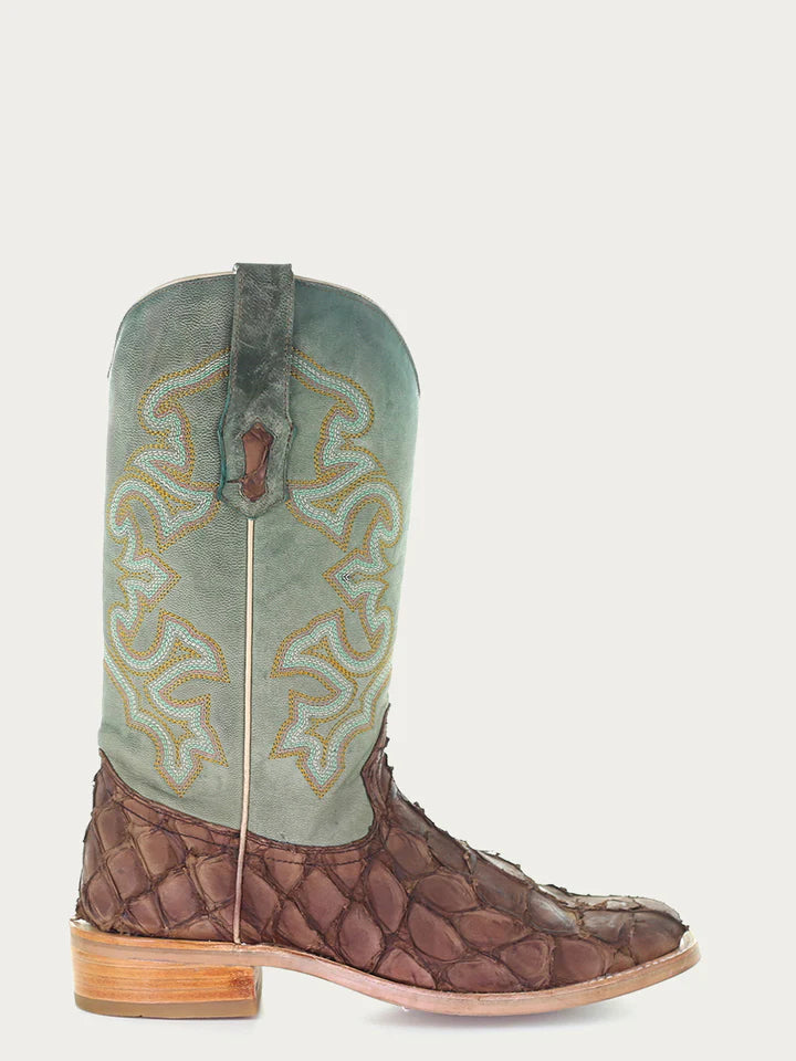 A4048 - MEN'S EMBROIDERY BROWN PIRARUCU TURQUOISE SQUARE TOE RODEO COWBOY BOOT