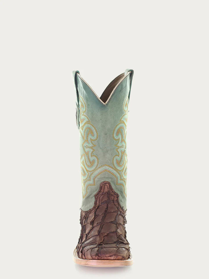 A4048 - MEN'S EMBROIDERY BROWN PIRARUCU TURQUOISE SQUARE TOE RODEO COWBOY BOOT