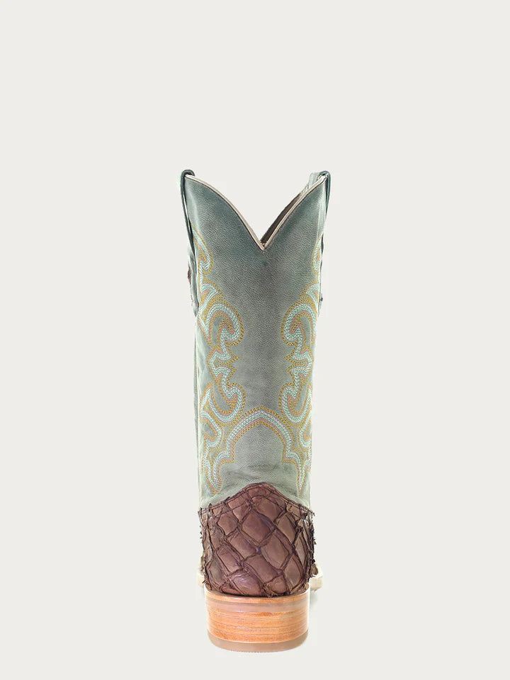 A4048 - MEN'S EMBROIDERY BROWN PIRARUCU TURQUOISE SQUARE TOE RODEO COWBOY BOOT