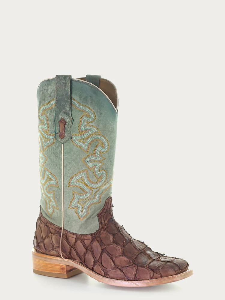 A4048 - MEN'S EMBROIDERY BROWN PIRARUCU TURQUOISE SQUARE TOE RODEO COWBOY BOOT