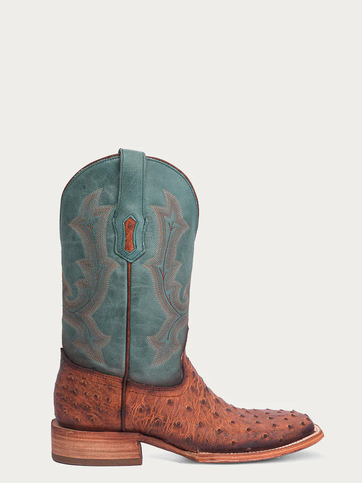 A4500 - MEN'S EMBROIDERY COGNAC FULL QUILL OSTRICH WIDE SQUARE TOE NAVY BLUE COWBOY BOOT