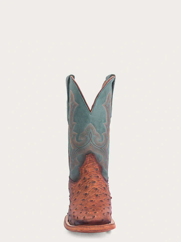 A4500 - MEN'S EMBROIDERY COGNAC FULL QUILL OSTRICH WIDE SQUARE TOE NAVY BLUE COWBOY BOOT