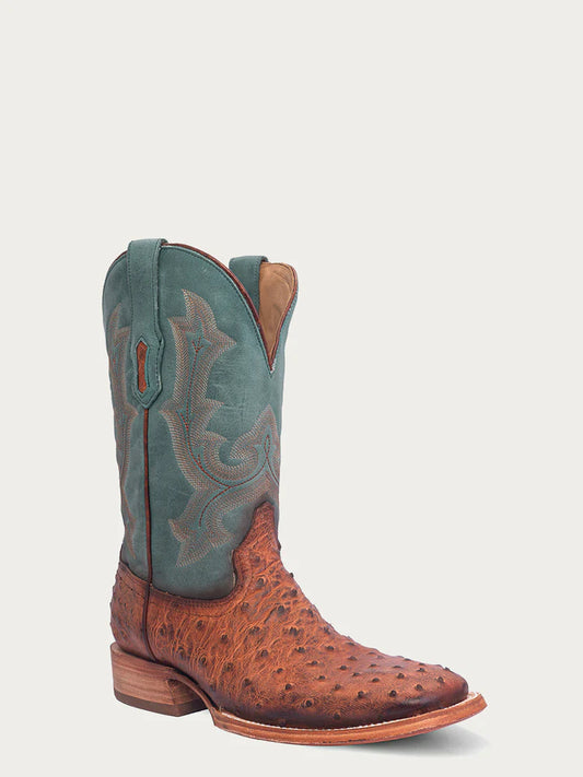 A4500 - MEN'S EMBROIDERY COGNAC FULL QUILL OSTRICH WIDE SQUARE TOE NAVY BLUE COWBOY BOOT