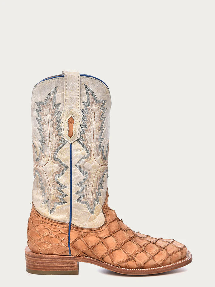 A4050 - MEN'S EMBROIDERY COGNAC PIRARUCU WHITE SQUARE TOE RODEO COWBOY BOOT