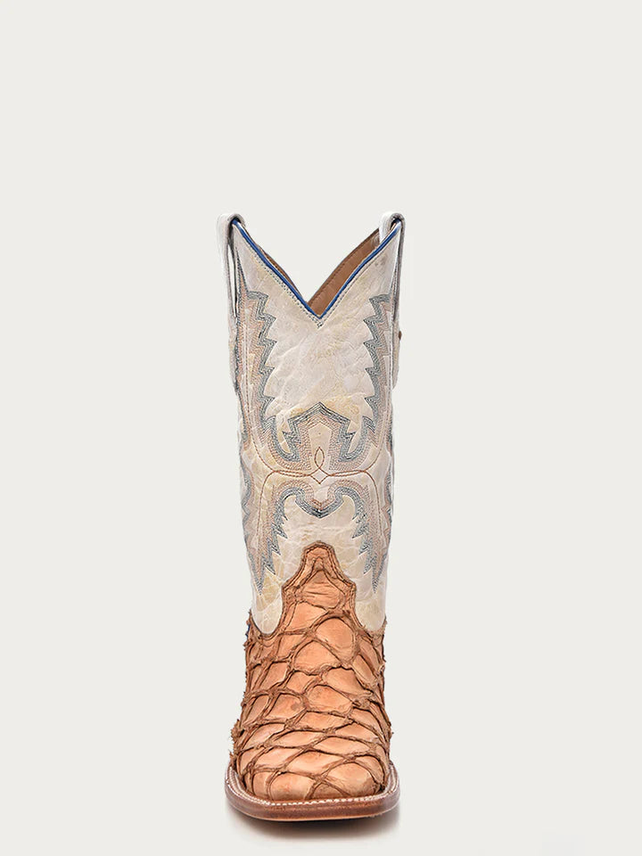 A4050 - MEN'S EMBROIDERY COGNAC PIRARUCU WHITE SQUARE TOE RODEO COWBOY BOOT