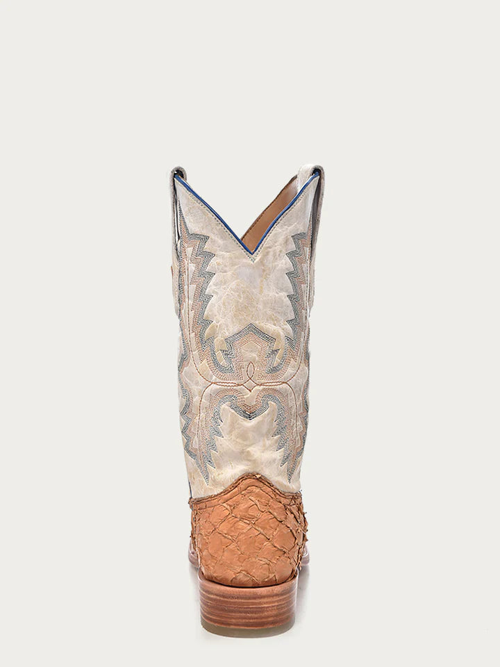 A4050 - MEN'S EMBROIDERY COGNAC PIRARUCU WHITE SQUARE TOE RODEO COWBOY BOOT