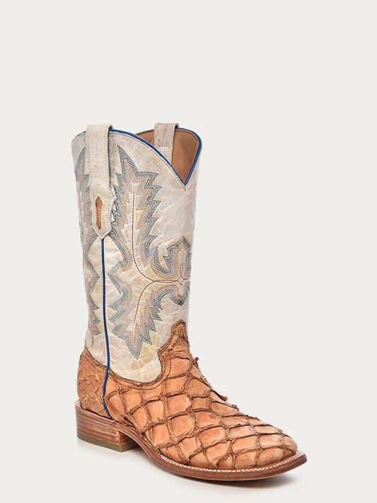 A4050 - MEN'S EMBROIDERY COGNAC PIRARUCU WHITE SQUARE TOE RODEO COWBOY BOOT