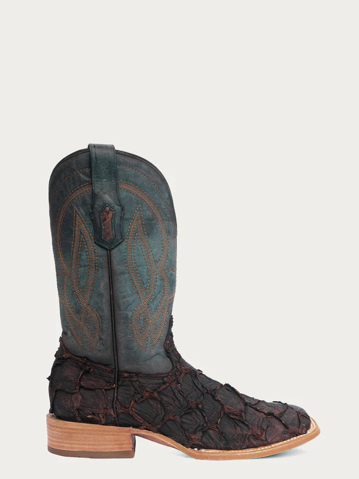 A4498 - MEN'S EMBROIDERY DARK BROWN PIRARUCU NAVY BLUE WIDE SQUARE TOE COWBOY BOOT