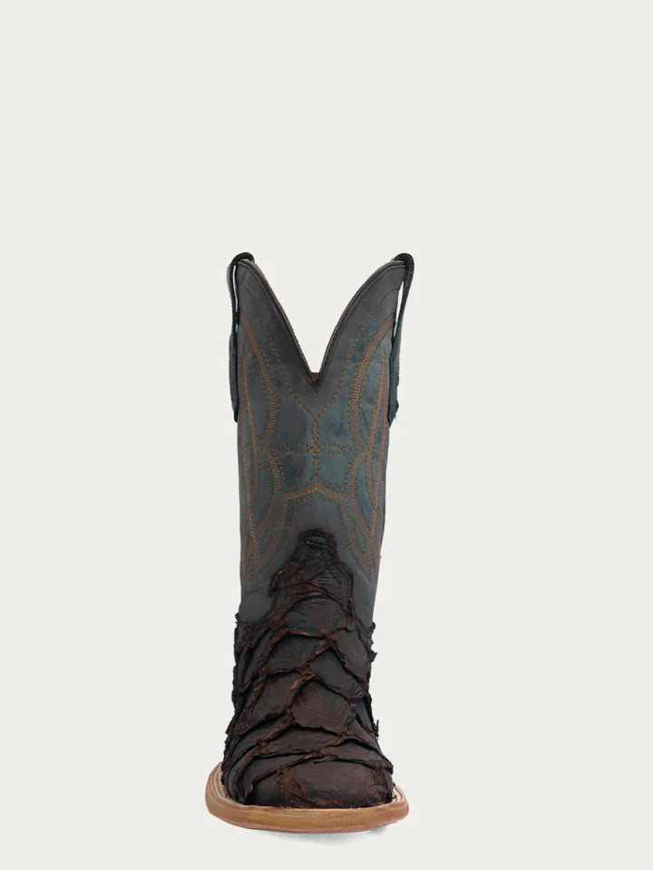 A4498 - MEN'S EMBROIDERY DARK BROWN PIRARUCU NAVY BLUE WIDE SQUARE TOE COWBOY BOOT