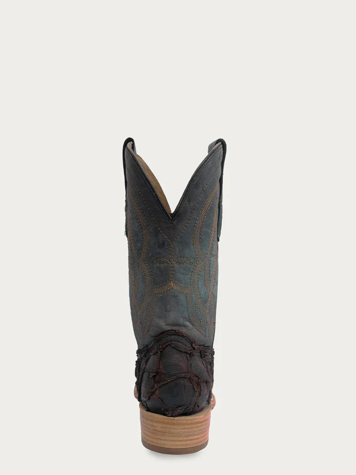 A4498 - MEN'S EMBROIDERY DARK BROWN PIRARUCU NAVY BLUE WIDE SQUARE TOE COWBOY BOOT