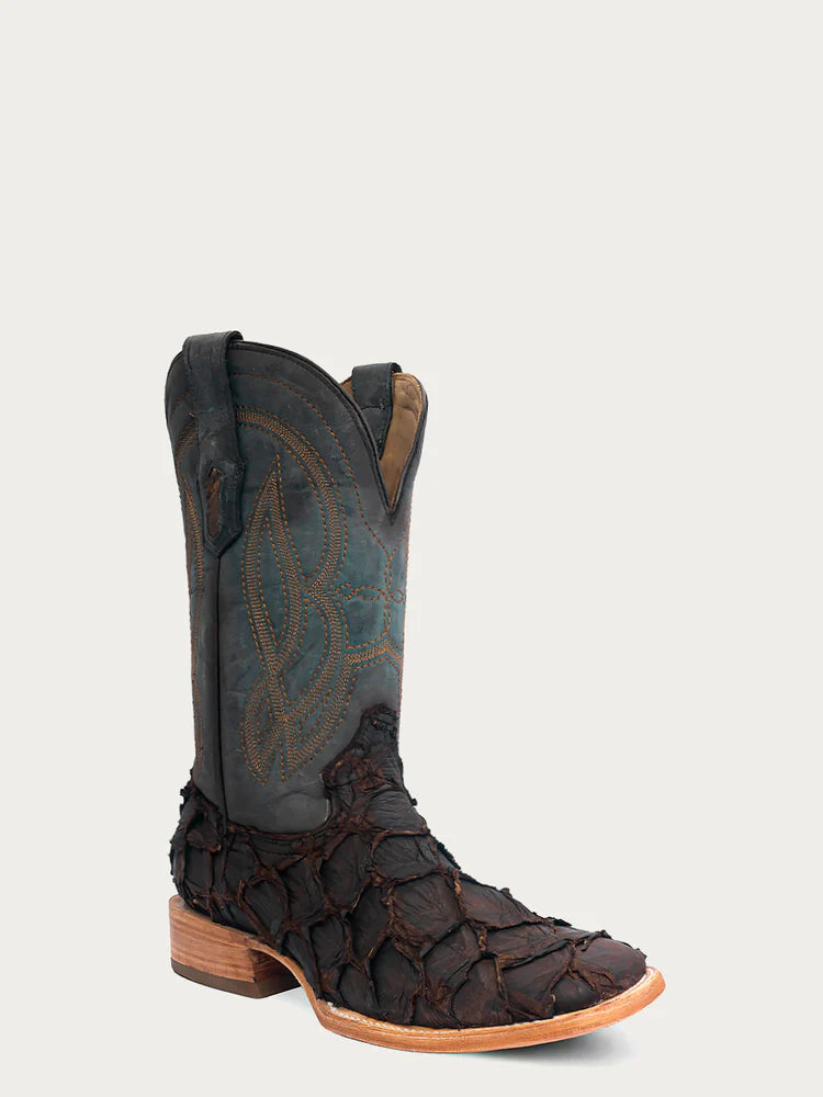 A4498 - MEN'S EMBROIDERY DARK BROWN PIRARUCU NAVY BLUE WIDE SQUARE TOE COWBOY BOOT