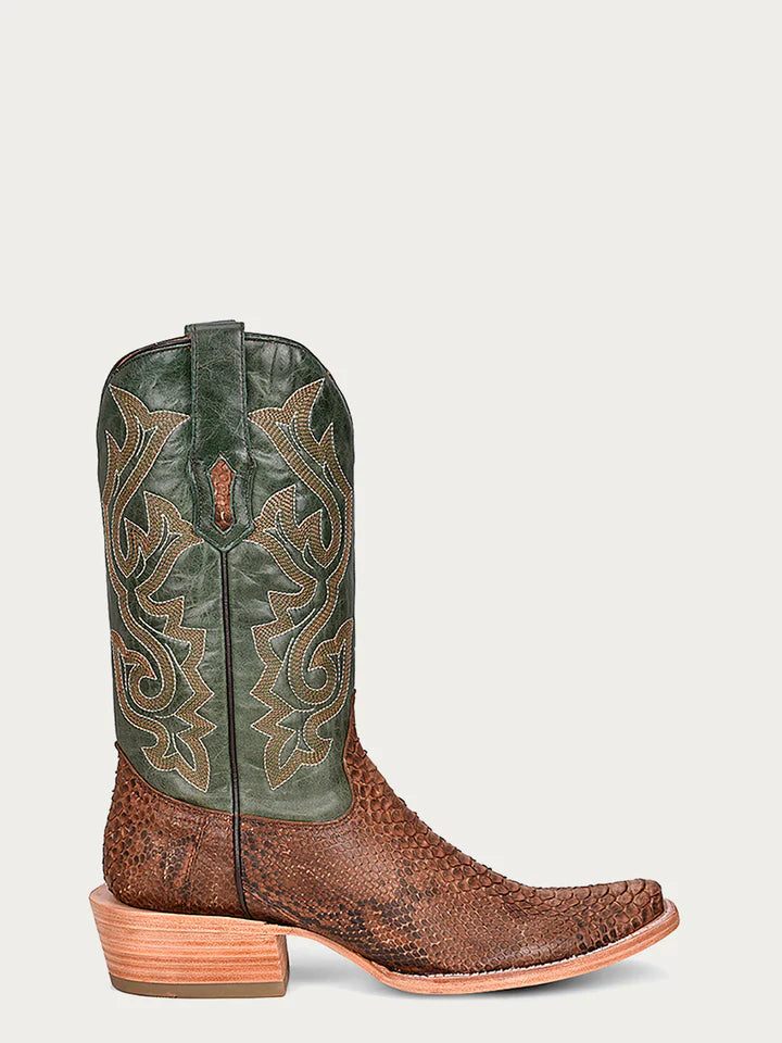 A4287 - MEN'S EMBROIDERY GENUINE BROWN PYTHON VAMP NARROW SQUARE TOE GREEN COWBOY BOOT