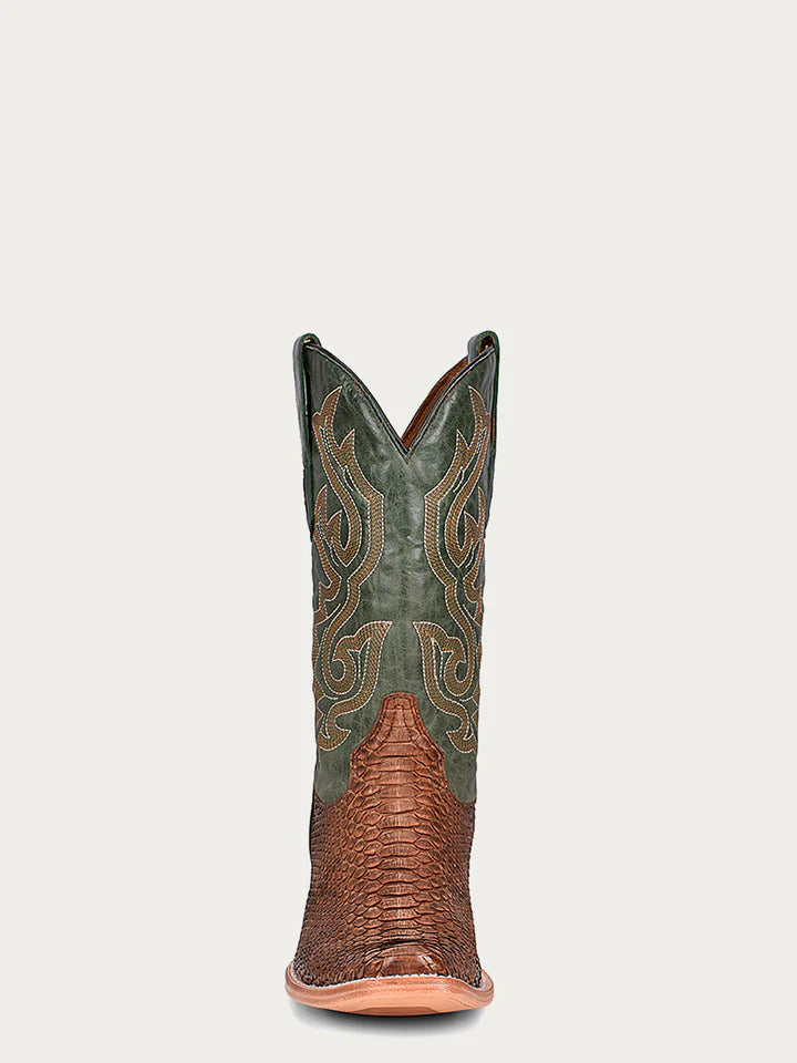 A4287 - MEN'S EMBROIDERY GENUINE BROWN PYTHON VAMP NARROW SQUARE TOE GREEN COWBOY BOOT