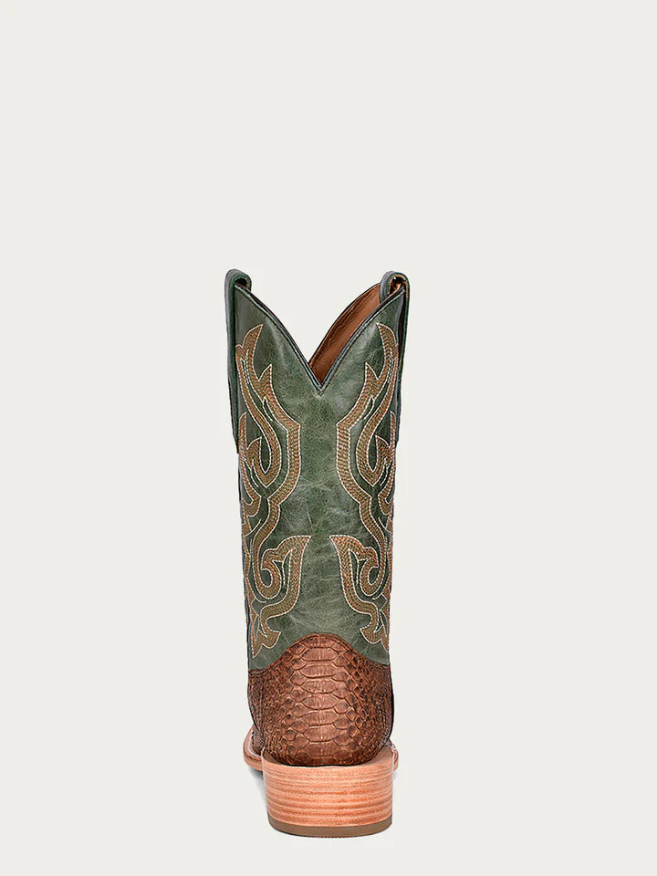 A4287 - MEN'S EMBROIDERY GENUINE BROWN PYTHON VAMP NARROW SQUARE TOE GREEN COWBOY BOOT