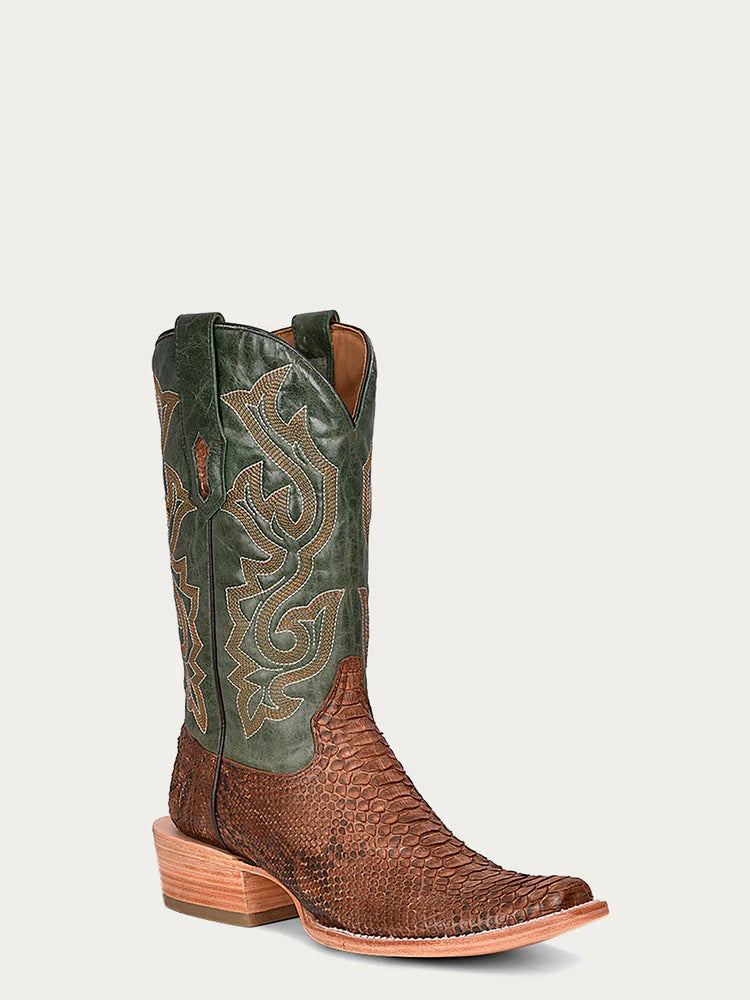 A4287 - MEN'S EMBROIDERY GENUINE BROWN PYTHON VAMP NARROW SQUARE TOE GREEN COWBOY BOOT