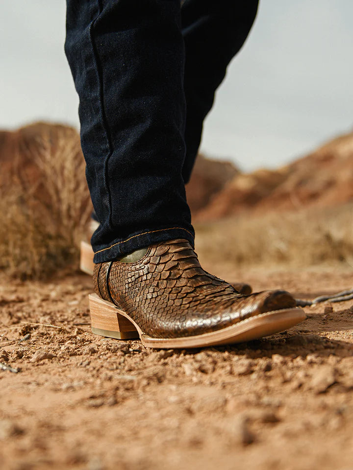 A4287 - MEN'S EMBROIDERY GENUINE BROWN PYTHON VAMP NARROW SQUARE TOE GREEN COWBOY BOOT