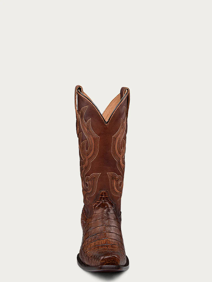 A4552 - MEN'S EMBROIDERY HONEY BROWN CAIMAN NARROW SQUARE TOE COWBOY BOOT