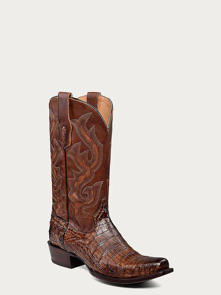 A4552 - MEN'S EMBROIDERY HONEY BROWN CAIMAN NARROW SQUARE TOE COWBOY BOOT