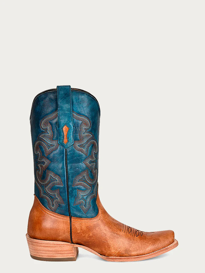 A4378 - MEN'S NAVY BLUE AND SAND EMBROIDERY NARROW SQUARE TOE COWBOY BOOT