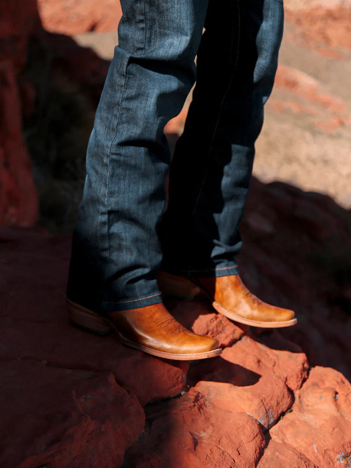 A4378 - MEN'S NAVY BLUE AND SAND EMBROIDERY NARROW SQUARE TOE COWBOY BOOT