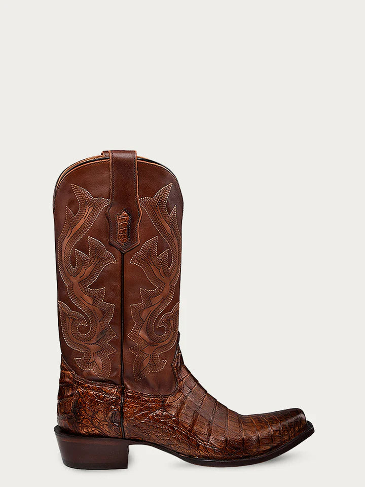 A4552 - MEN'S EMBROIDERY HONEY BROWN CAIMAN NARROW SQUARE TOE COWBOY BOOT