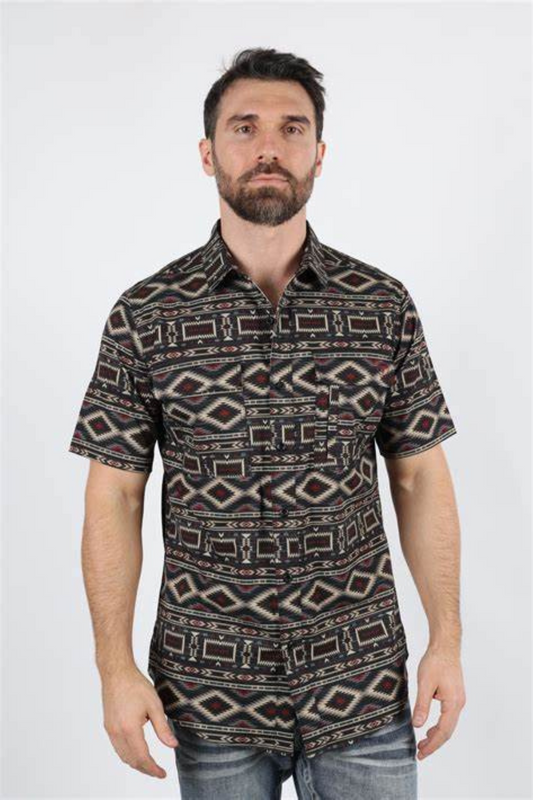 Mens Performance Classic Fit Western Short Sleeve Aztec Print BLK/Red Shirt