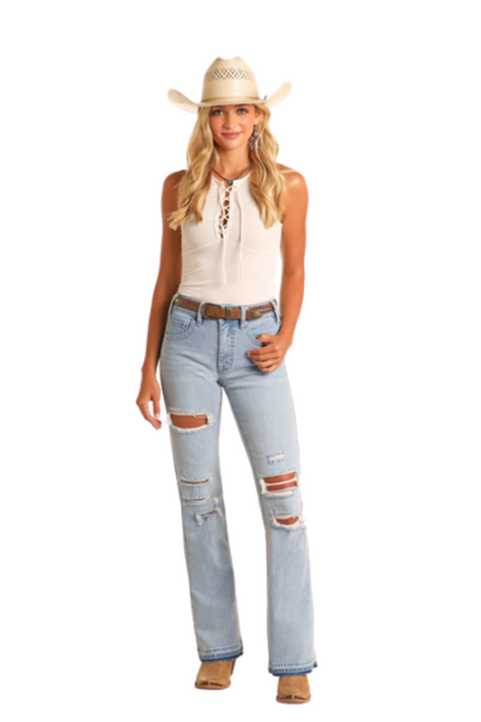 High Rise Light Wash Distressed Bootcut Jeans