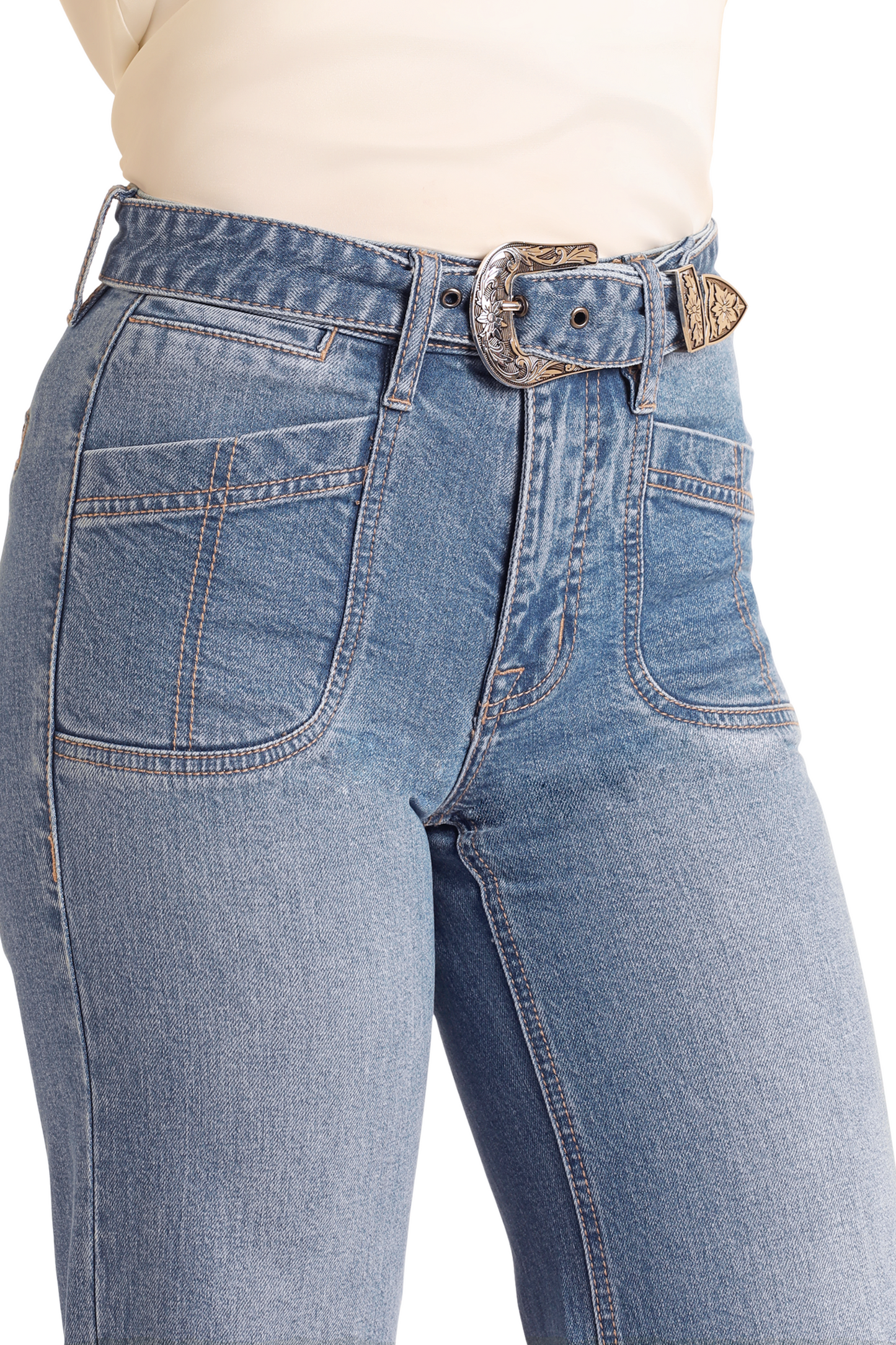 High Rise Belted Relaxed Flare Jeans